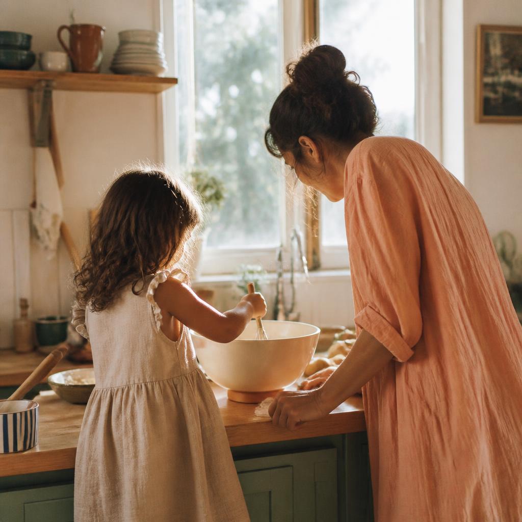 A parent and child cooking together in a sunny kitchen.